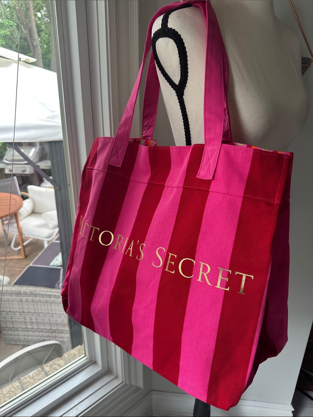Y2K Victoria's Secret Hot Pink Red Striped Large Big Tote Bag Shopper Shoulder
